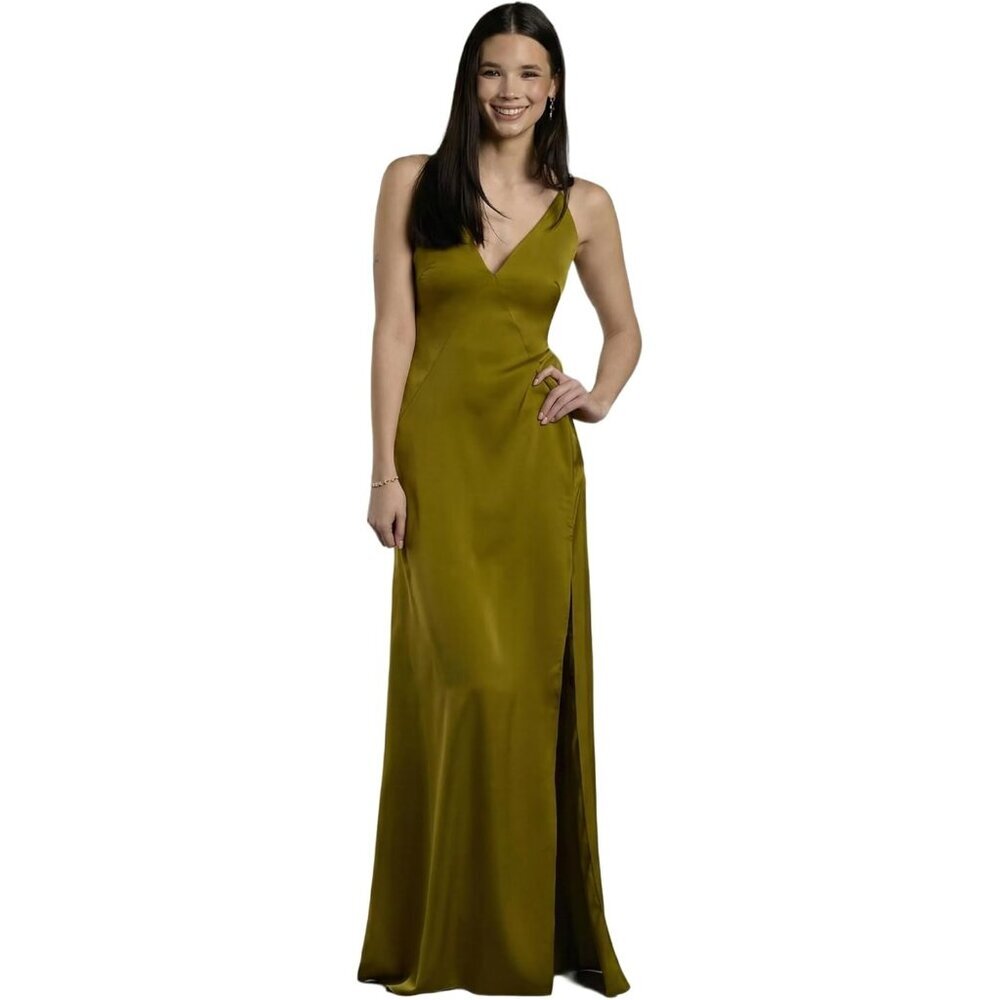 Women's Green Polyester Bridal Charmeuse Plunge Seamed Slim A Line Maxi